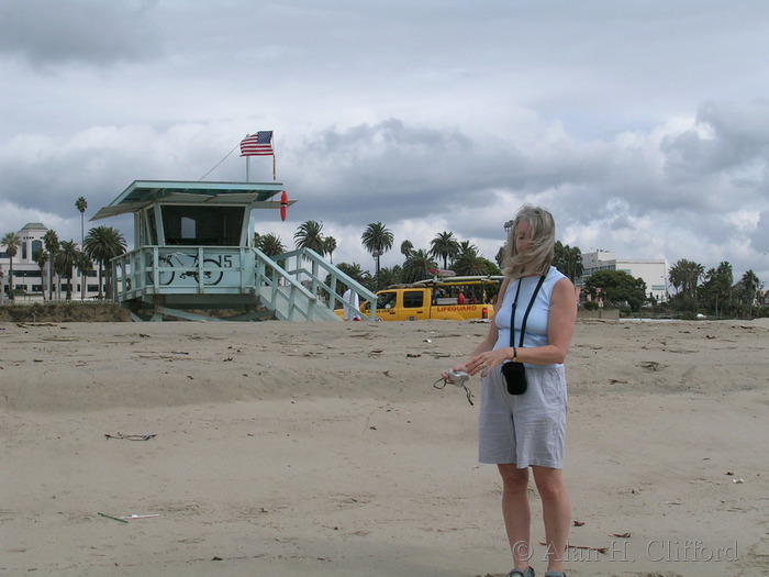 Margaret and lifeguard station, Santa Monica beach